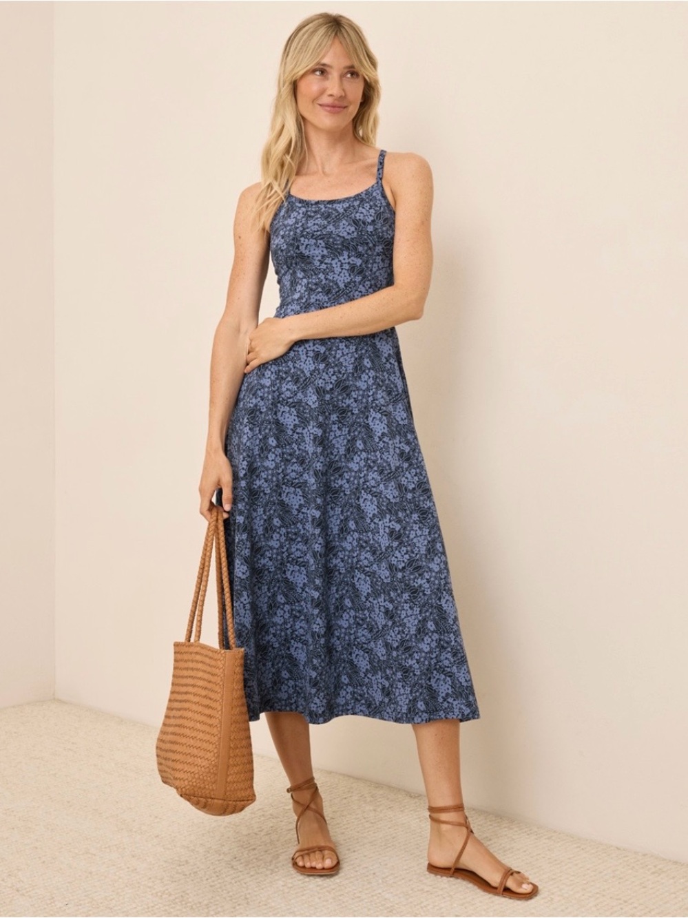 Pact Organic Fit & Flare Midi Dress Blue Floral Small Short (fits between S&XS)
